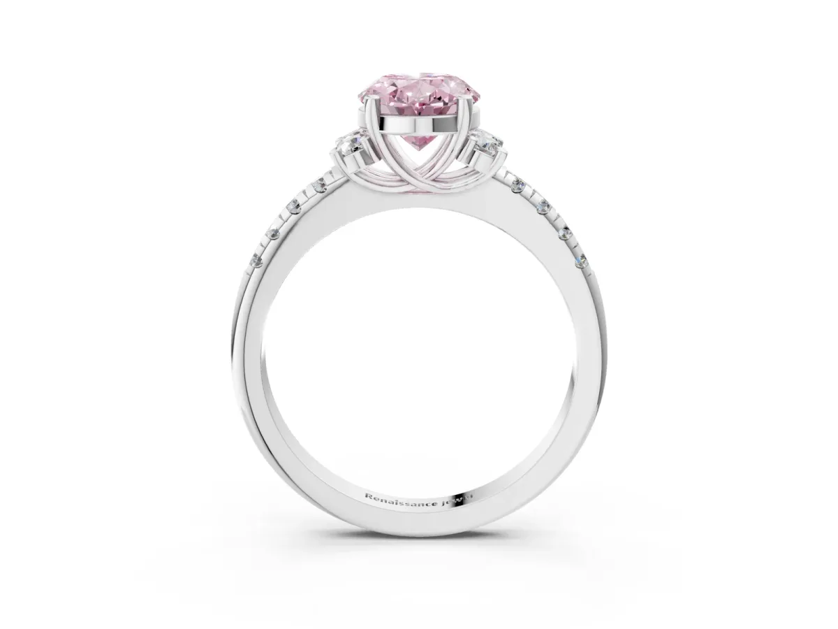 Fancy Pink Oval Cut Diamond Three-Stone Pave Band with Four-Prong Setting Silver