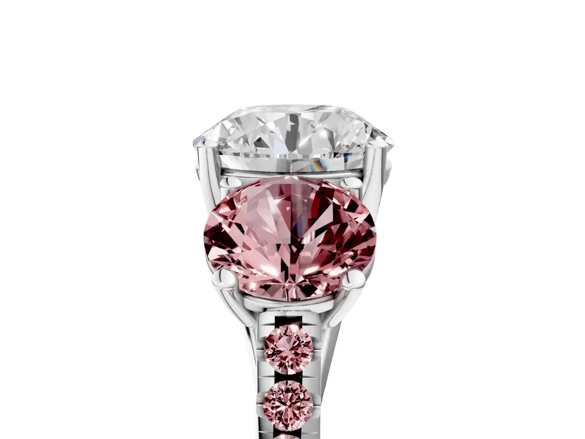 Three-Stone Round Cut Diamond Ring with Round Morganite Pavé Band and Prong Setting Silver