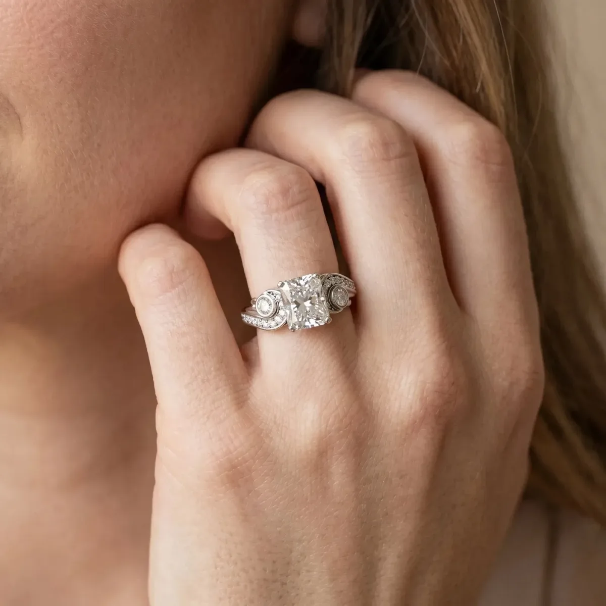 Radiant Cut Diamond Solitaire Ring with Milgrain Pavé Band and Four-Prong Setting Silver