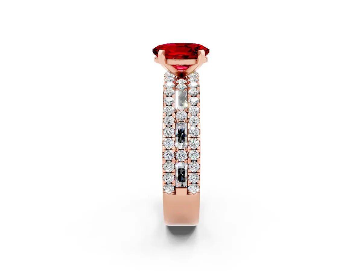 Oval Cut Ruby Solitaire Ring with Pavé and Channel Set Band Rose gold