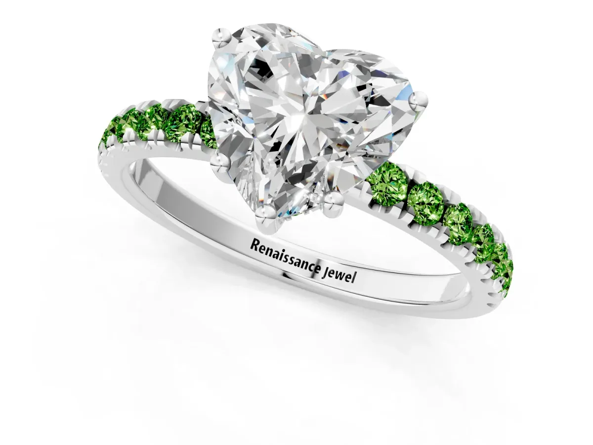 Heart Cut Diamond Pave Band Solitaire Ring with Round Peridot and Prong Setting Platinum