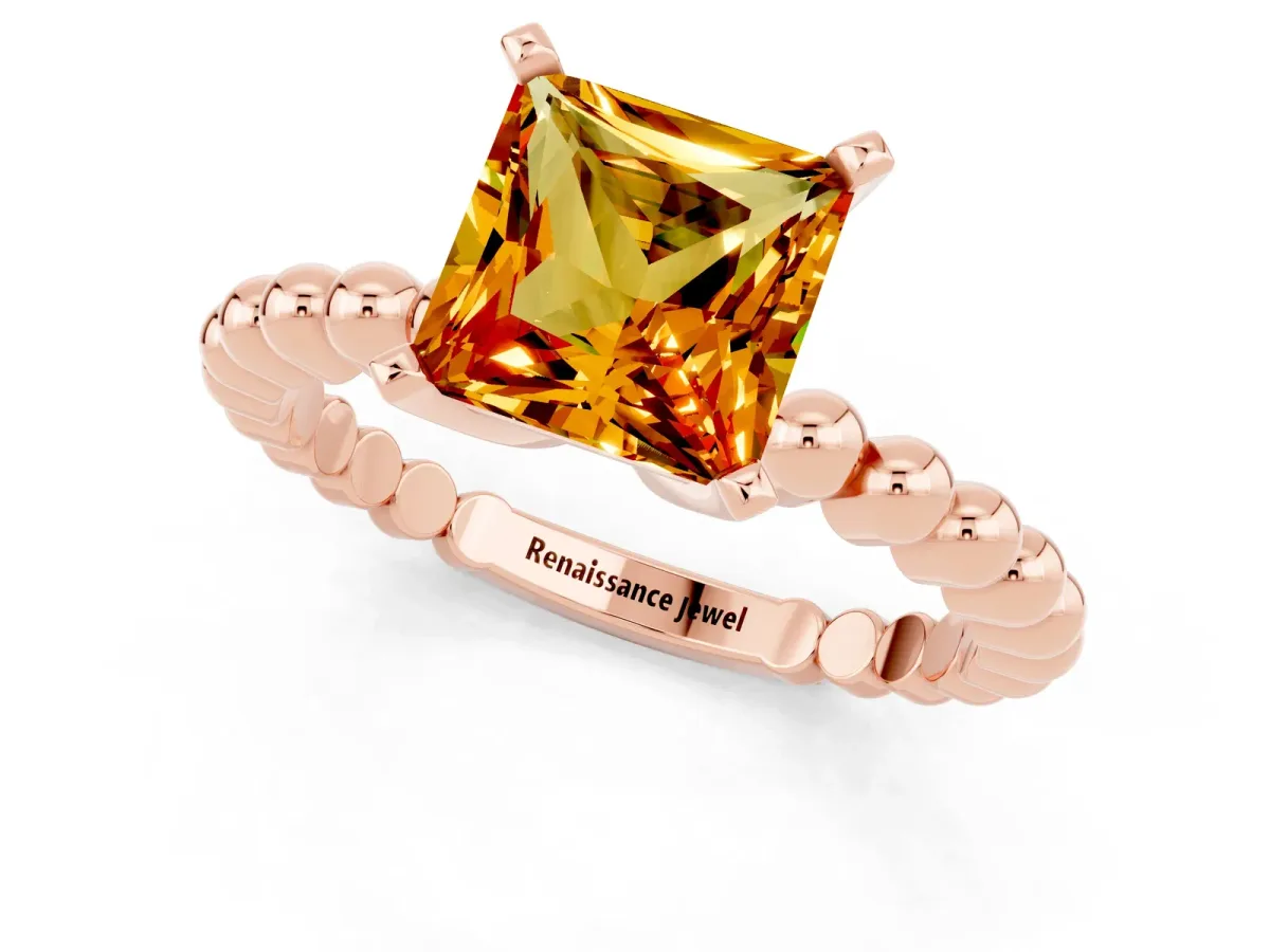 Princess Cut Citrine Solitaire Ring with Beaded Band and Prong Setting Rose gold