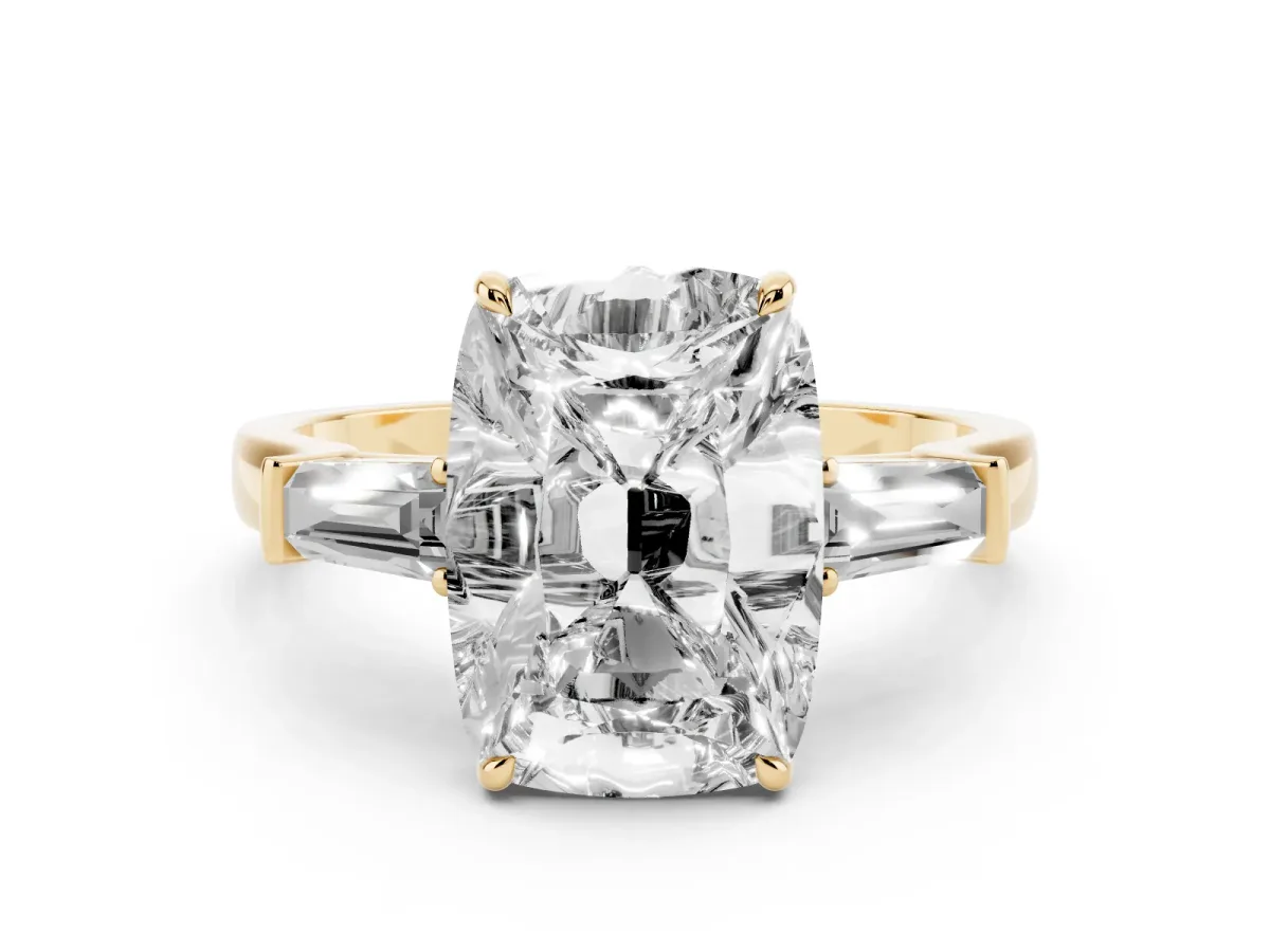 Old Mine Elongated Cushion Diamond with Side Tapered Baguette Three Stone Ring Yellow gold