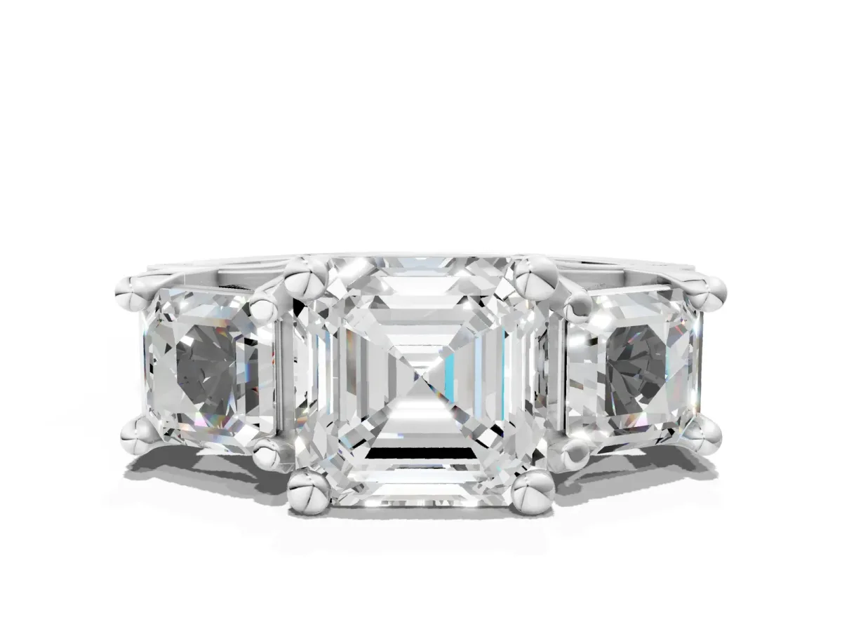 Asscher Cut Diamond Three-Stone Ring with Channel Set Band and Four-Prong Setting Platinum