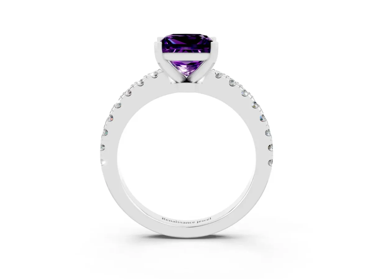 Princess Cut Solitaire Amethyst with Pavé Band and Four-Prong Setting Silver