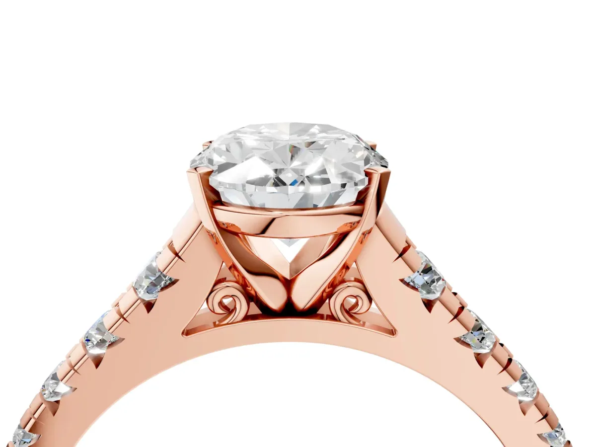 Oval Cut Diamond Cathedral Solitaire Ring with Round Pavé Band Rose gold