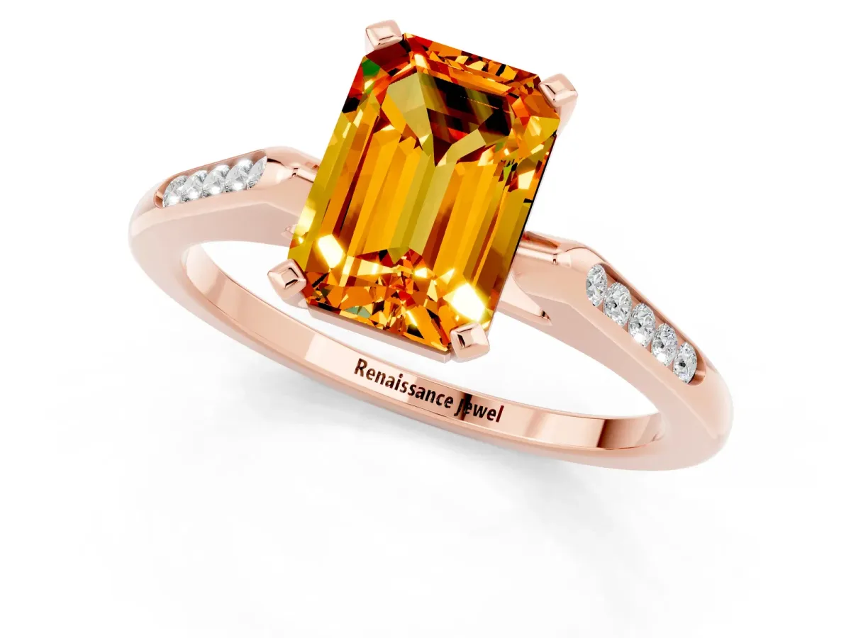 Emerald Cut Citrine Solitaire Ring with Channel Set Round Band and Prong Setting Rose gold