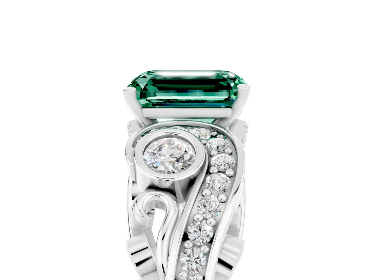 Emerald Cut Green Sapphire Solitaire Ring with Milgrain Pavé Band and Four-Prong Setting Silver