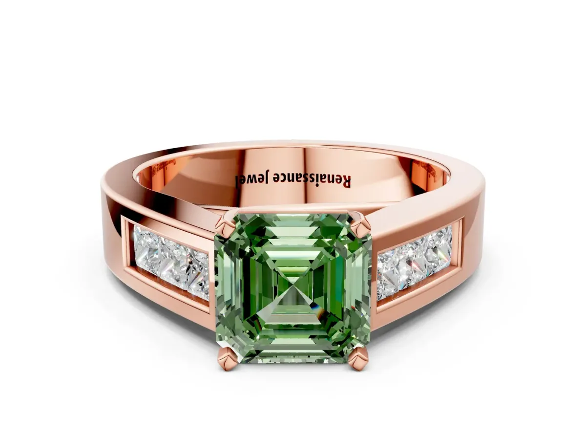 Fancy Green Asscher Cut Cut Channel Set Solitaire Ring with Four-Prong Setting Rose gold