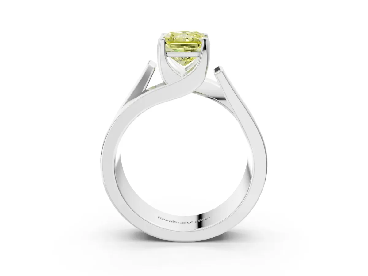 Fancy Yellow Modern Tension Set Radiant Cut Diamond Solitaire Wide Band Ring Silver