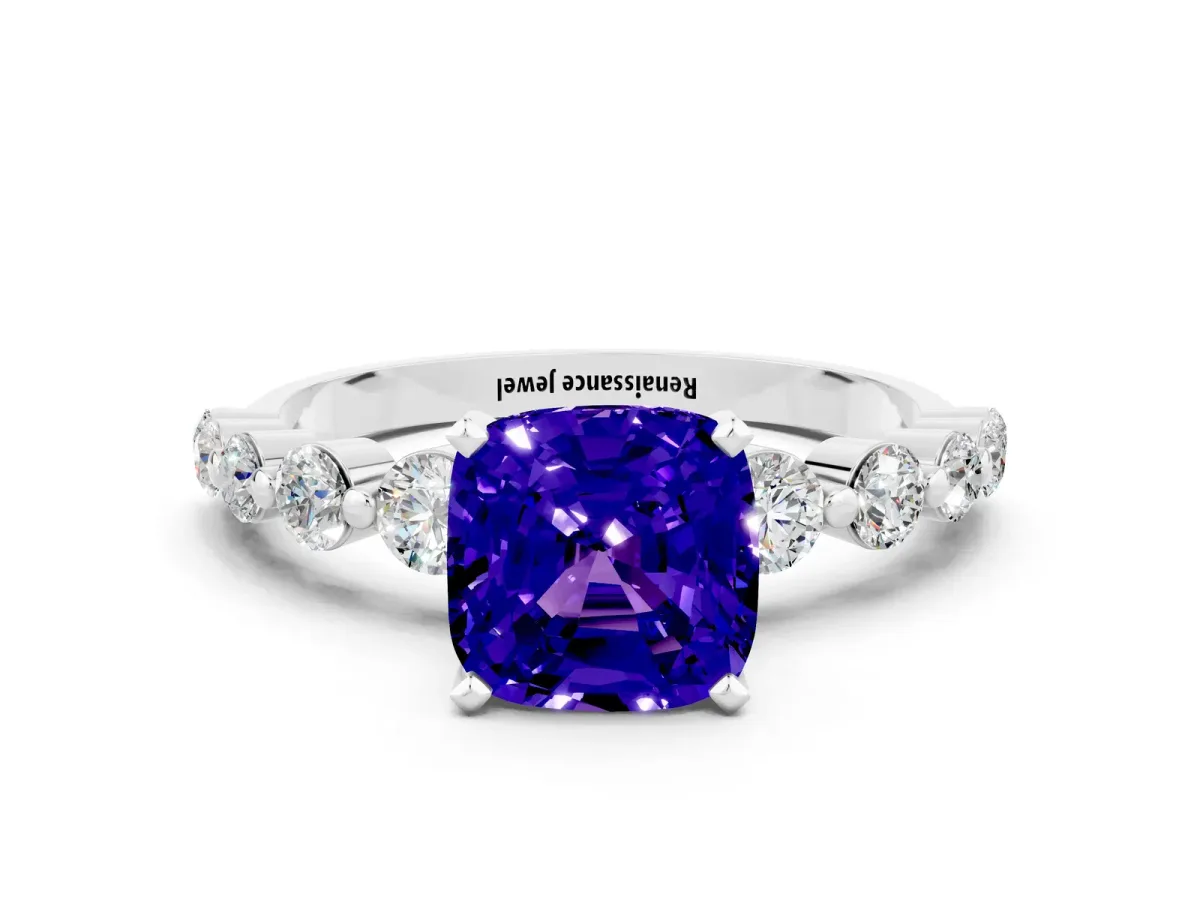 Cushion Cut Solitaire Tanzanite Ring with Pave Band and Four-Prong Setting Silver