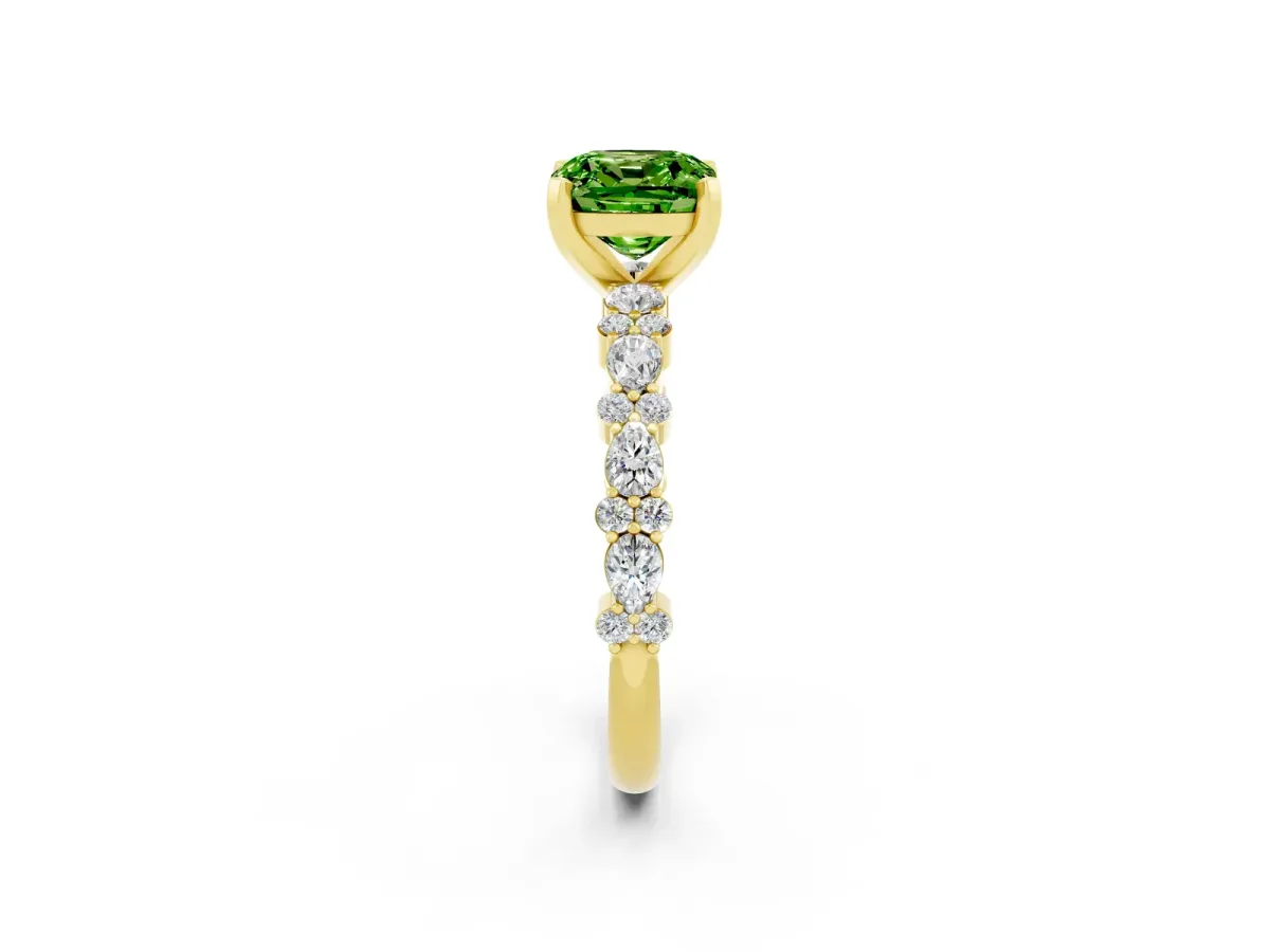 Cushion Cut Peridot Side Stone Solitaire Ring with Round and Four-Prong Setting Yellow gold