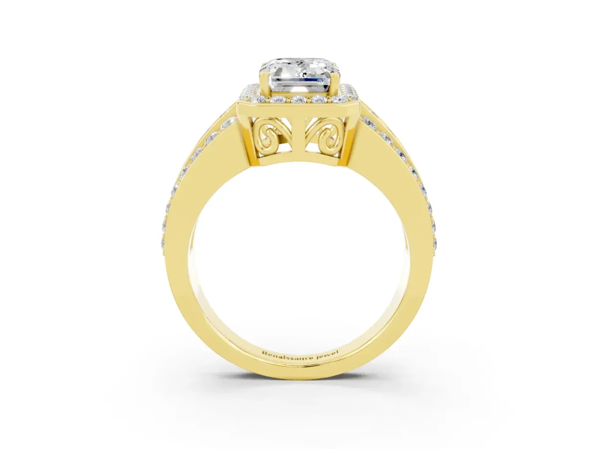 Emerald Cut Halo Moissanite Ring with Round Split Shank and Prong Setting Yellow gold