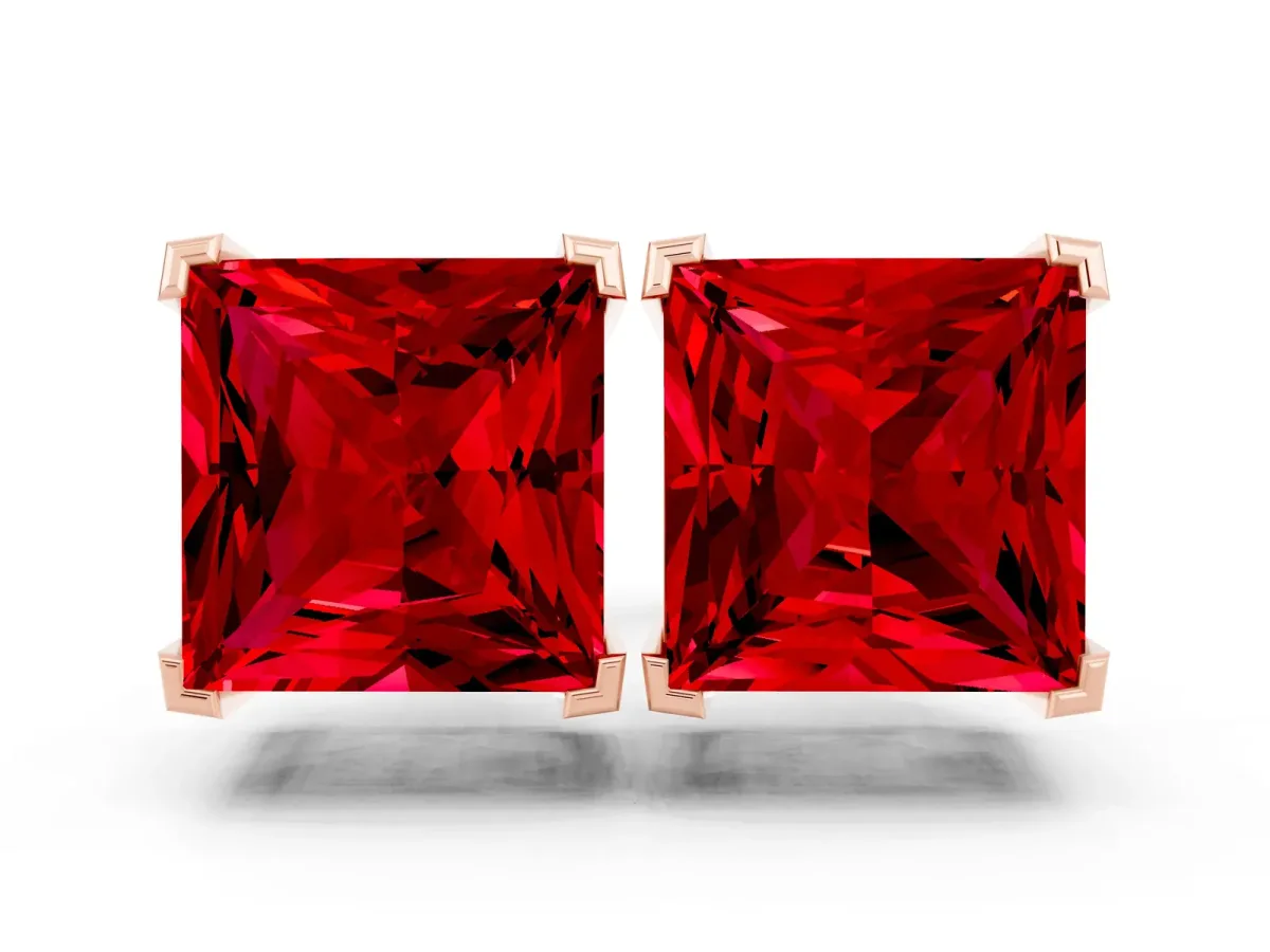 Princess Cut Ruby Stud Earrings Rose gold