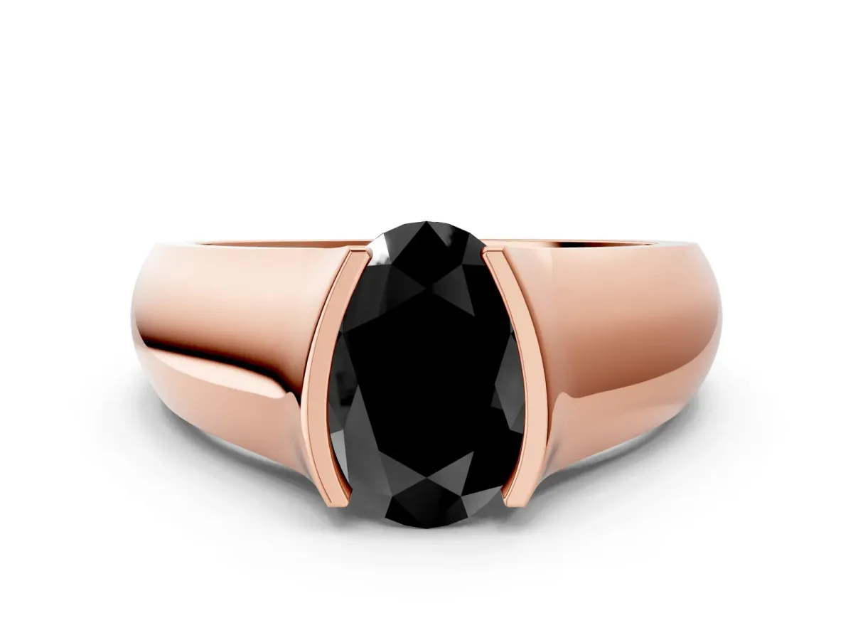 Fancy Black Oval Cut Solitaire Bezel Set Diamond Ring with Wide Band Rose gold