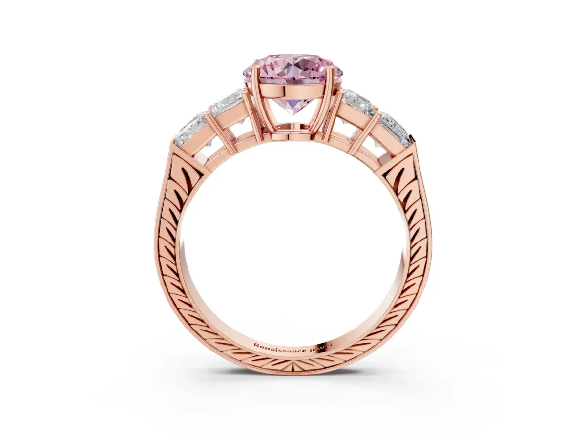 Fancy Pink Round Cut Solitaire Princess Side Stone Engraved Band Prong Setting Ring Rose gold