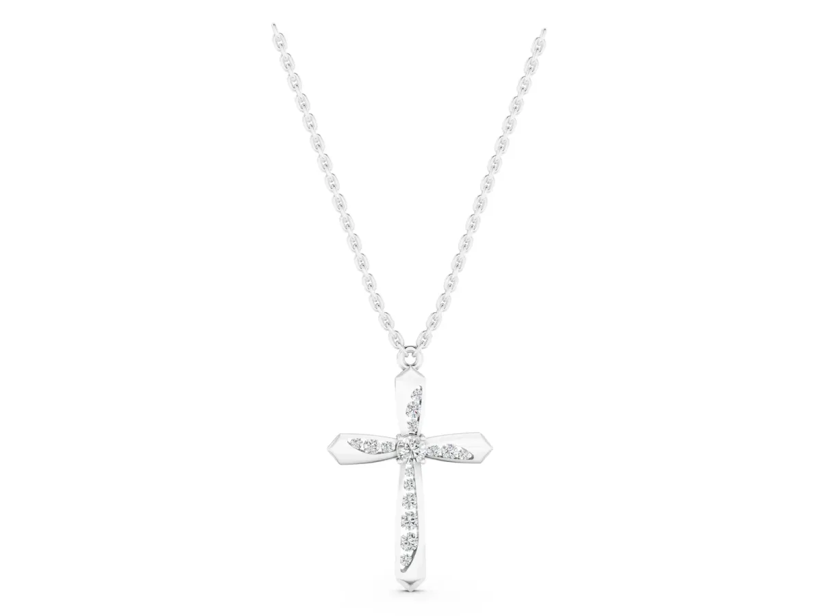 Gold Cross Pendant with Round Cut Stones and Prong Setting Silver