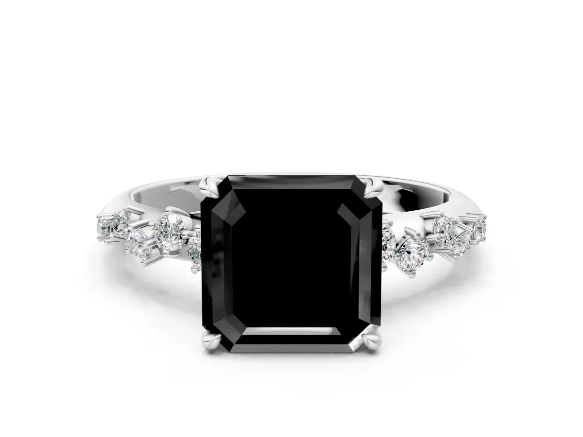 Fancy Black Asscher Cut Diamond Cluster Side Stone Solitaire Ring with Prong Setting Platinum