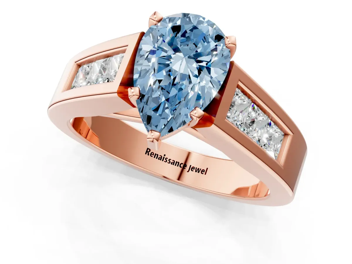 Fancy Blue Pear Cut Cut Channel Set Solitaire Ring with Four-Prong Setting Rose gold