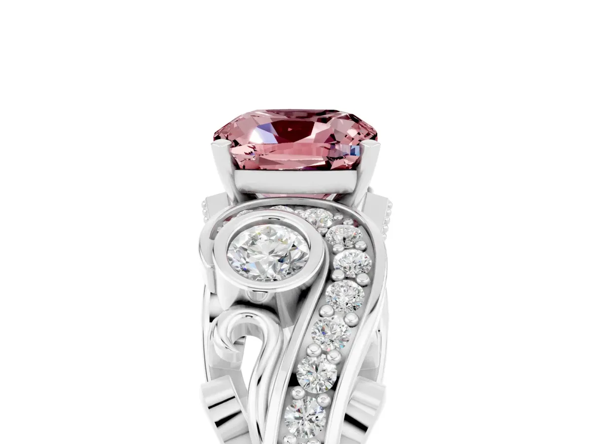 Cushion Cut Morganite Solitaire Ring with Milgrain Pavé Band and Four-Prong Setting Silver
