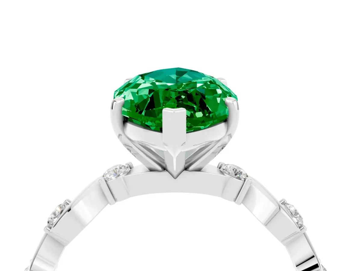 Marquise Cut Emerald Solitaire Twisted Band with Round Accents and Prong Setting Silver