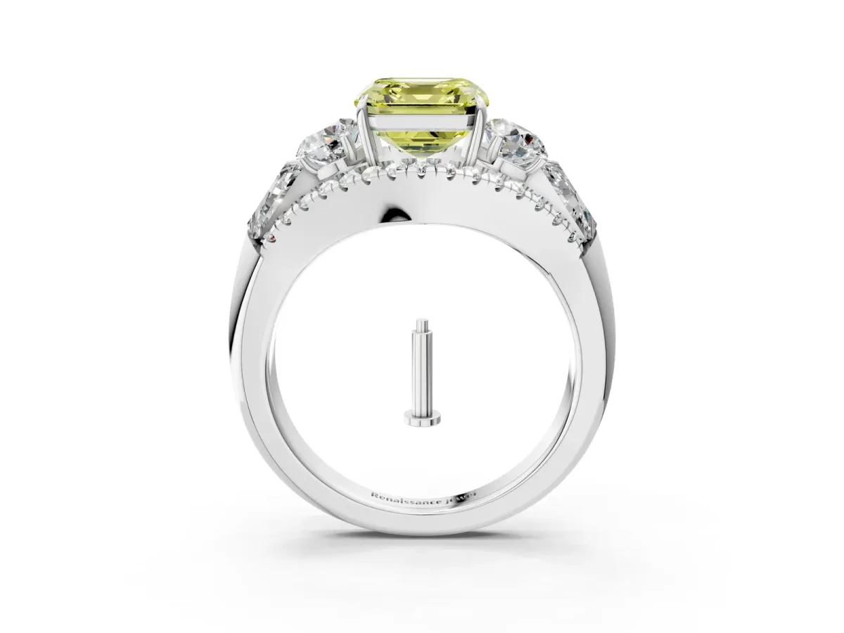 Fancy Yellow Three-Stone Asscher Cut Diamond Engagement Ring with Pave Band and Prong Setting Platinum