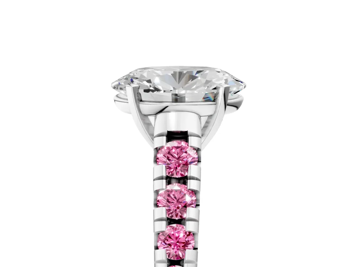 Oval Cut Diamond Cathedral Solitaire Ring with Round Pink Sapphire Pavé Band Silver