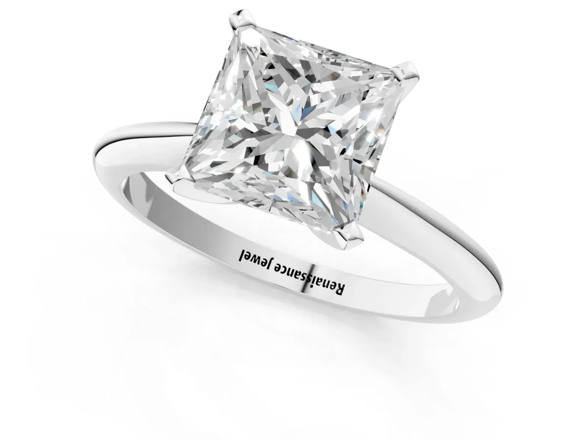 Princess Cut Diamond Solitaire Engagement Ring with Classic Band and Four-Prong Setting Silver
