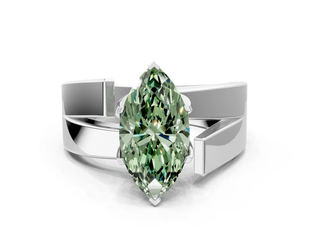 Fancy Green Modern Tension Set Marquise Cut Diamond Solitaire Wide Band Ring Silver