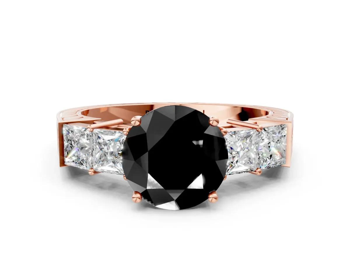Fancy Black Round Cut Solitaire Princess Side Stone Engraved Band Prong Setting Ring Rose gold
