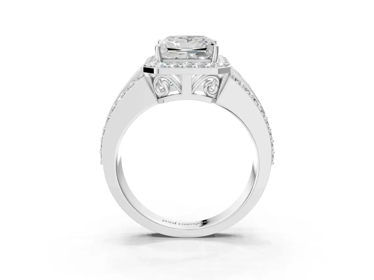 Princess Cut Halo Diamond Ring with Round Moissanite Split Shank and Prong Setting Silver
