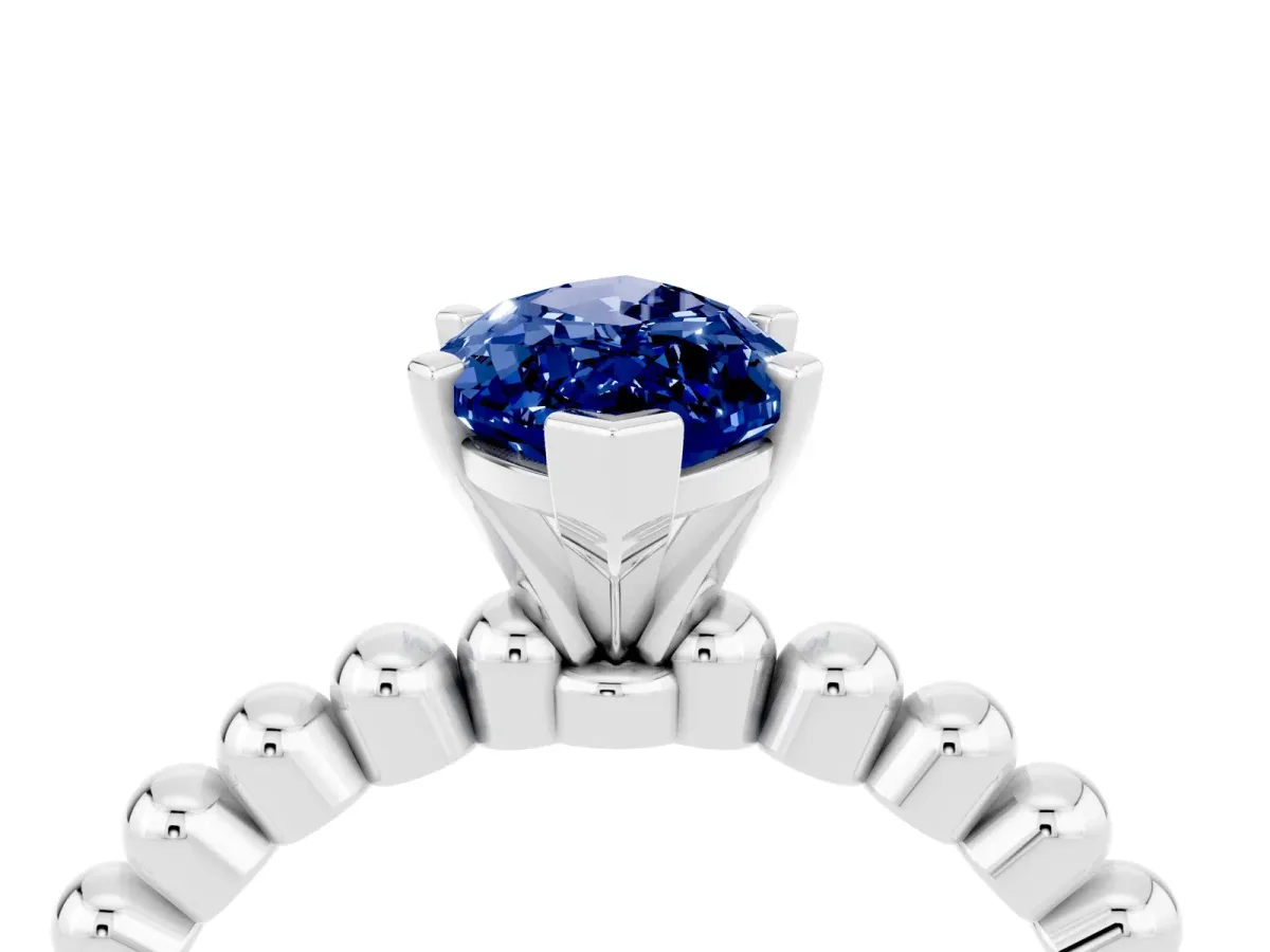 Marquise Cut Blue Sapphire Solitaire Ring with Beaded Band and Prong Setting Silver