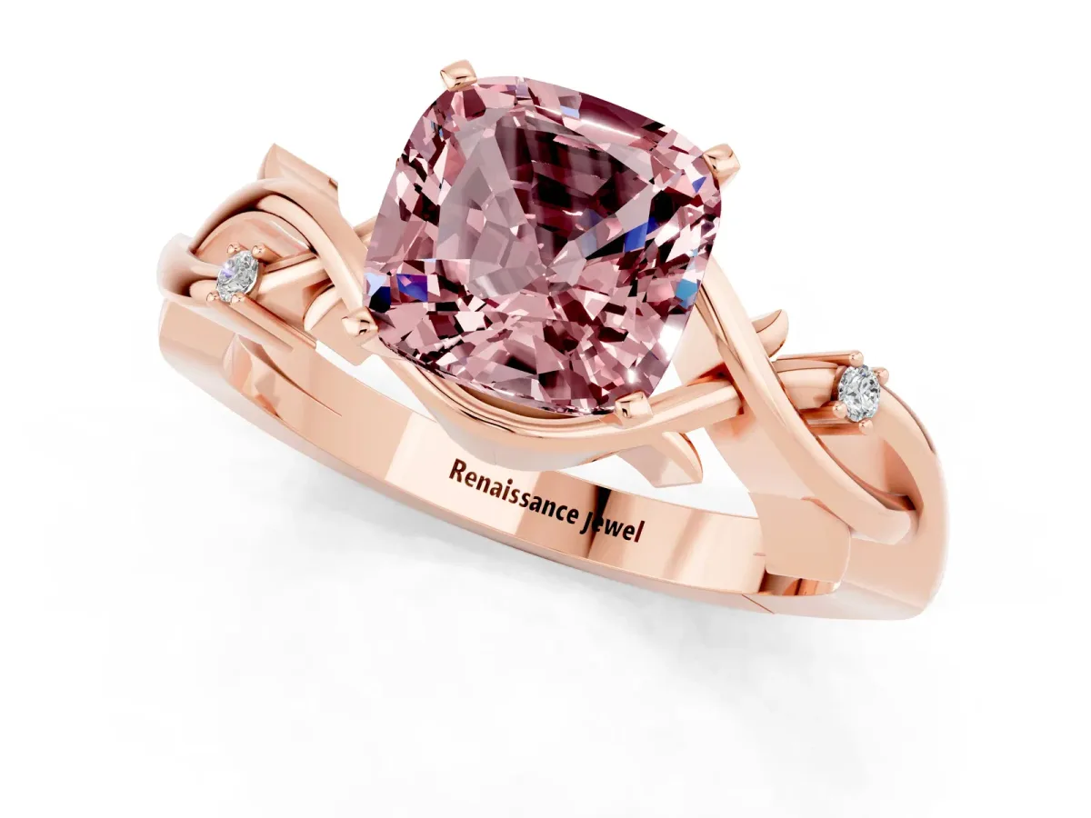 Cushion Cut Morganite Solitaire Ring with Twisted Band and Prong Setting Rose gold