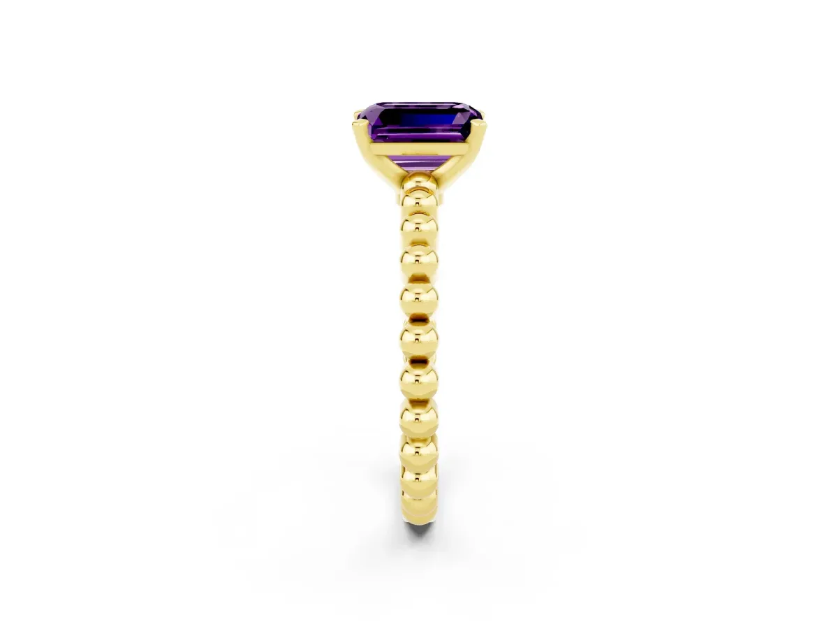 Emerald Cut Amethyst Solitaire Ring with Beaded Band and Prong Setting Yellow gold