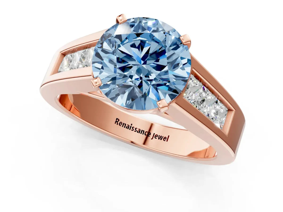 Fancy Blue Round Cut Cut Channel Set Solitaire Ring with Four-Prong Setting Rose gold