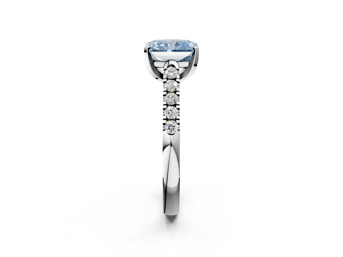 Fancy Blue Radiant Cut Diamond Pavé Band Solitaire Ring with Prong Setting Platinum