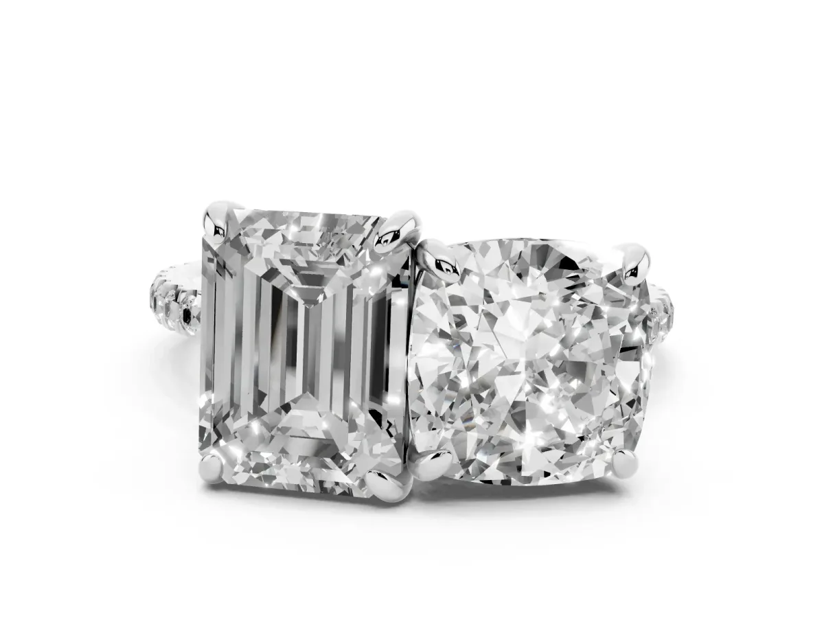 Cushion and Emerald Toi Moi Ring with Prong Setting and Pave Band Platinum