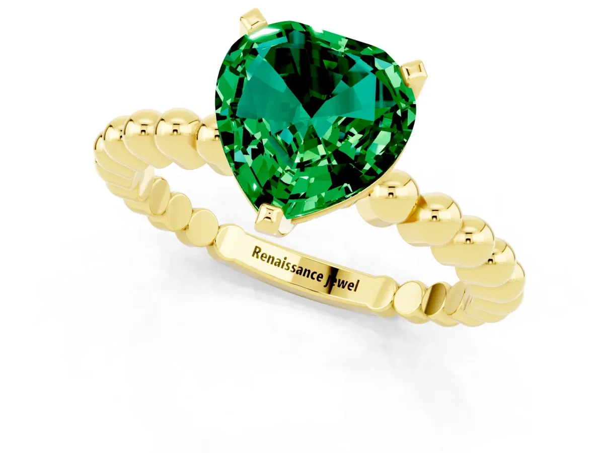Heart Cut Emerald Solitaire Ring with Beaded Band and Prong Setting Yellow gold
