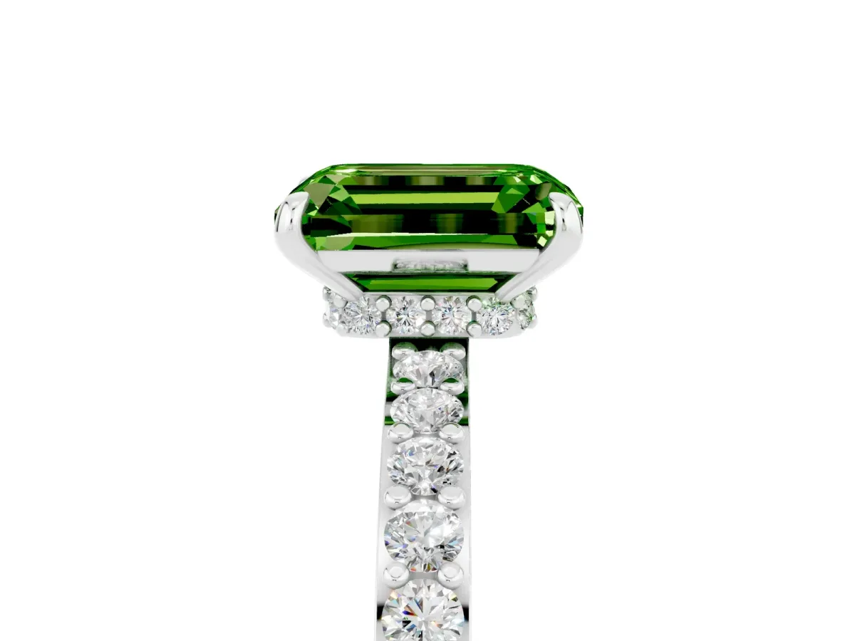Emerald Cut Peridot Solitaire Engagement Ring with Pavé Band and Four-Prong Setting Silver