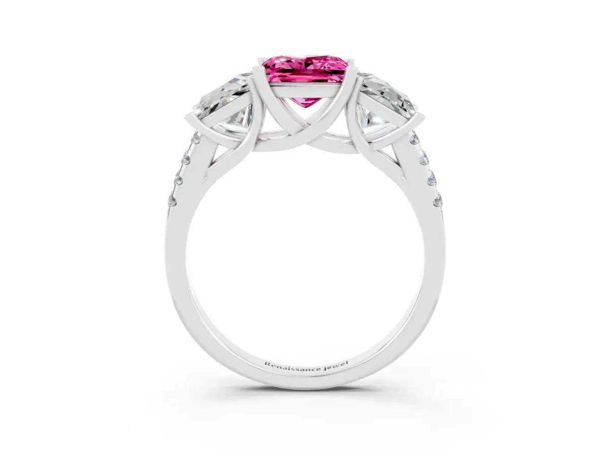 Three-Stone Princess Cut Pink Sapphire Ring with Round Pavé Band and Prong Setting Silver