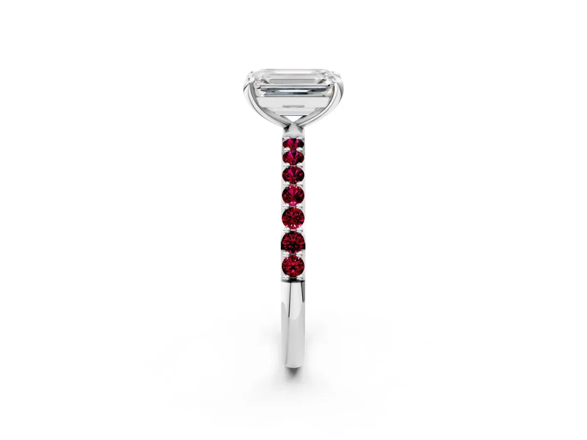 Emerald Cut Diamond Solitaire Ring with Round Garnet Pavé Band and Prong Setting Silver