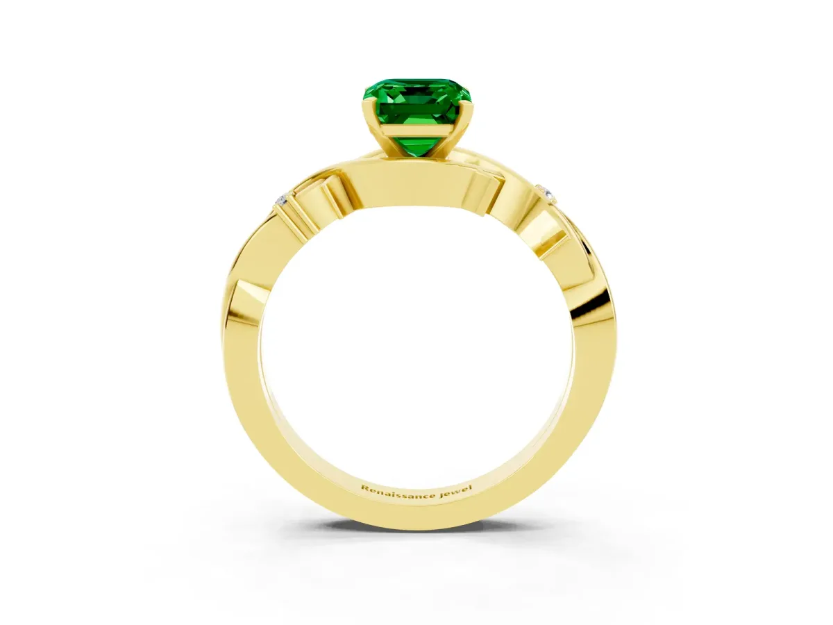 Emerald Cut Emerald Solitaire Ring with Twisted Band and Prong Setting Yellow gold