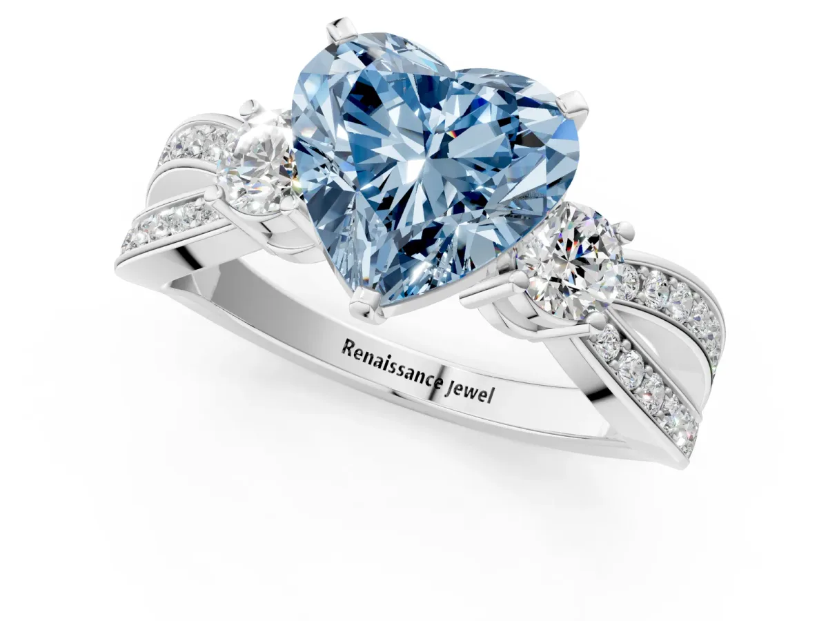 Fancy Blue Three-Stone Heart Cut Cut Diamond Twist Band with Prong Setting Platinum