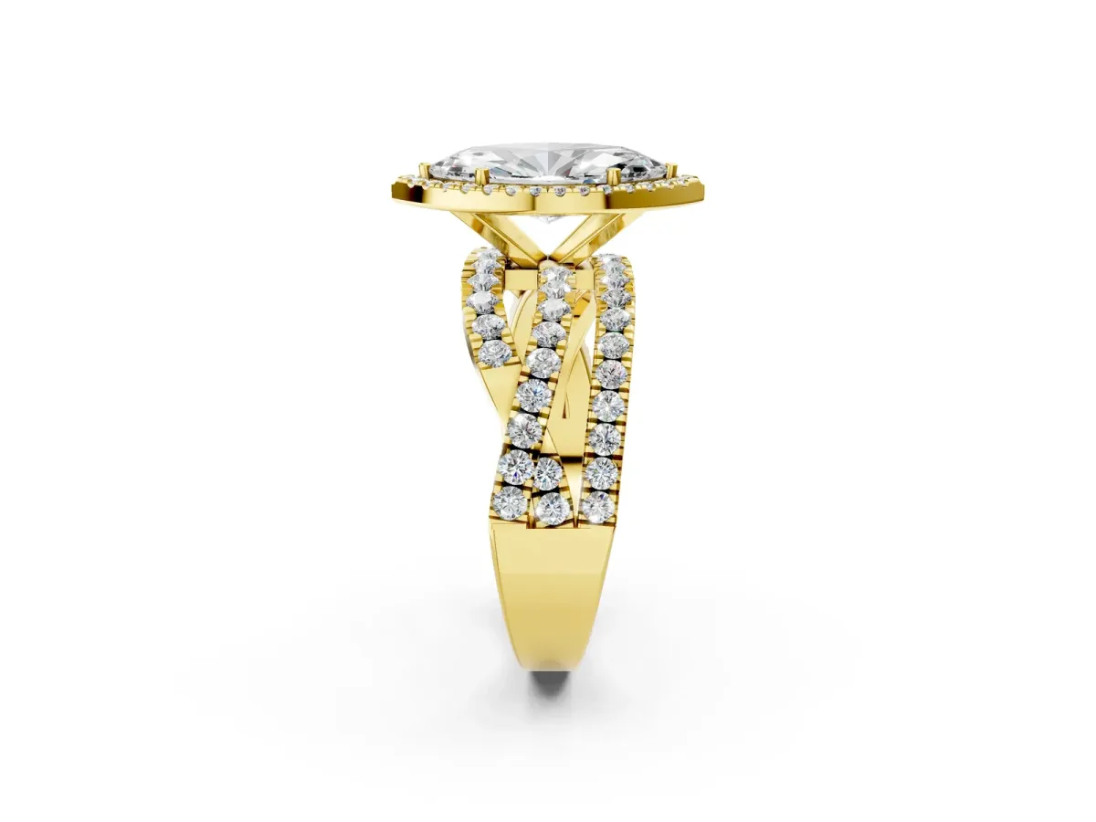 Marquise Cut Diamond Halo Ring with Round Split Shank and Prong Setting Yellow gold