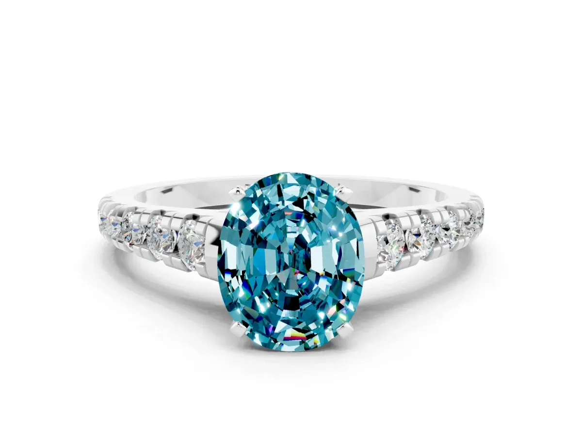 Oval Cut Blue Topaz Cathedral Solitaire Ring with Round Pavé Band Silver