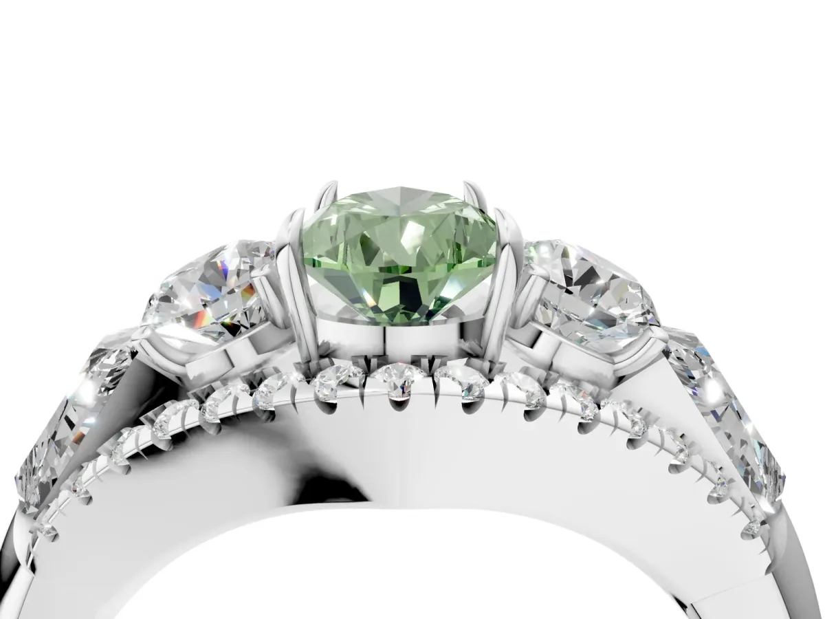 Fancy Green Three-Stone Pear Cut Diamond Engagement Ring with Pave Band and Prong Setting Platinum