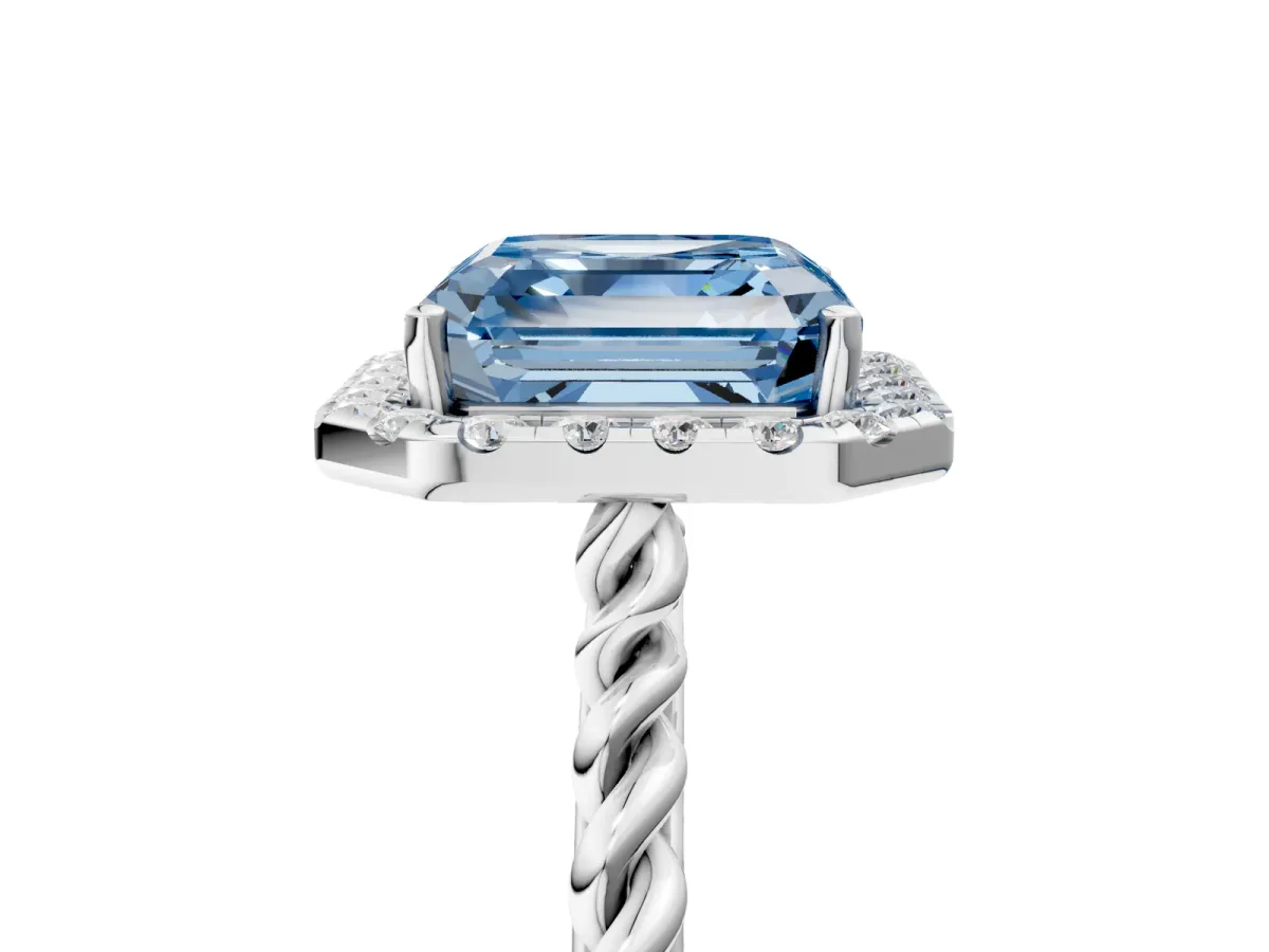 Fancy Blue Asscher Cut Halo Twisted Band Four-Prong Diamond Ring Platinum