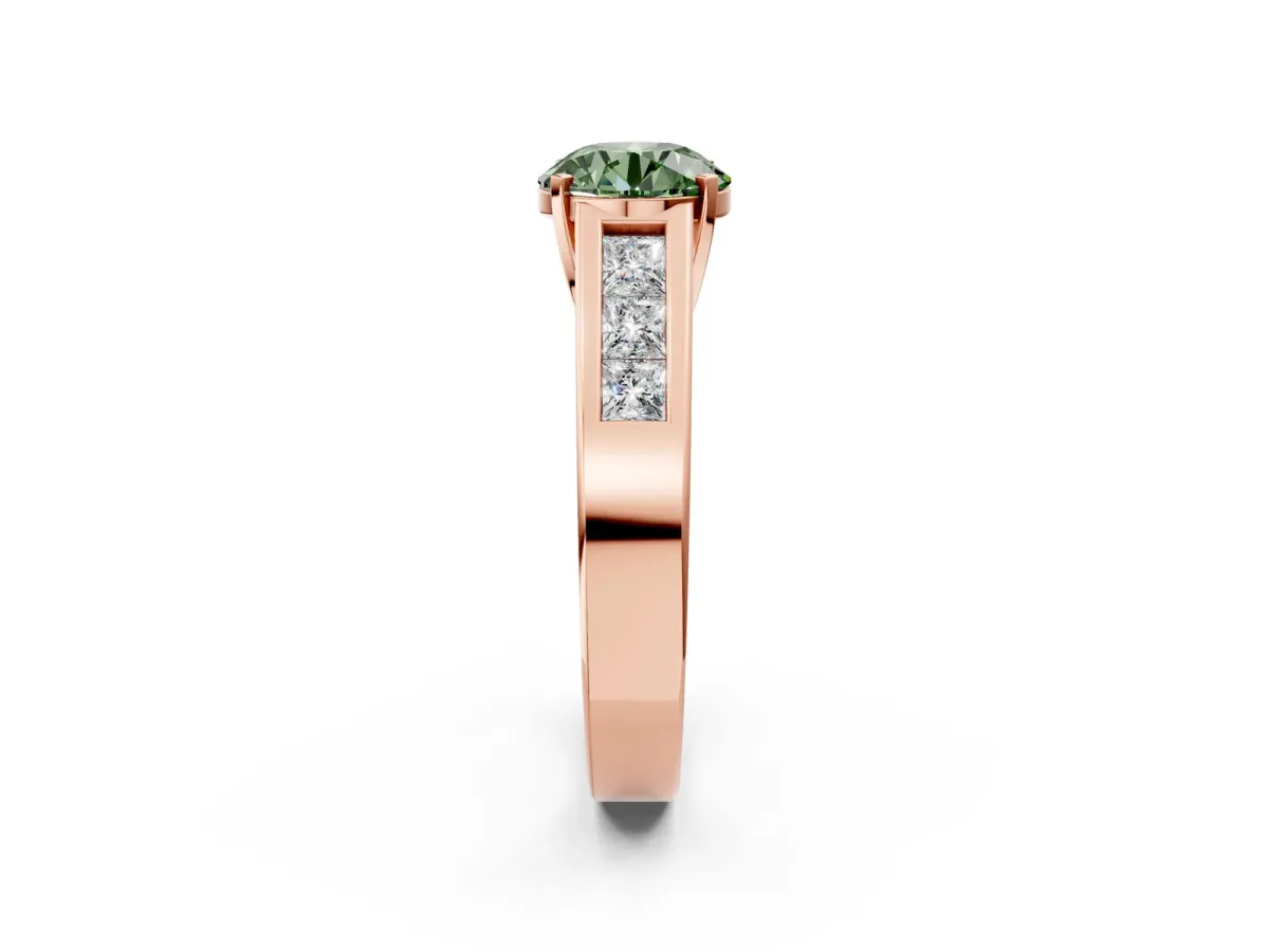 Fancy Green Round Cut Cut Channel Set Solitaire Ring with Four-Prong Setting Rose gold