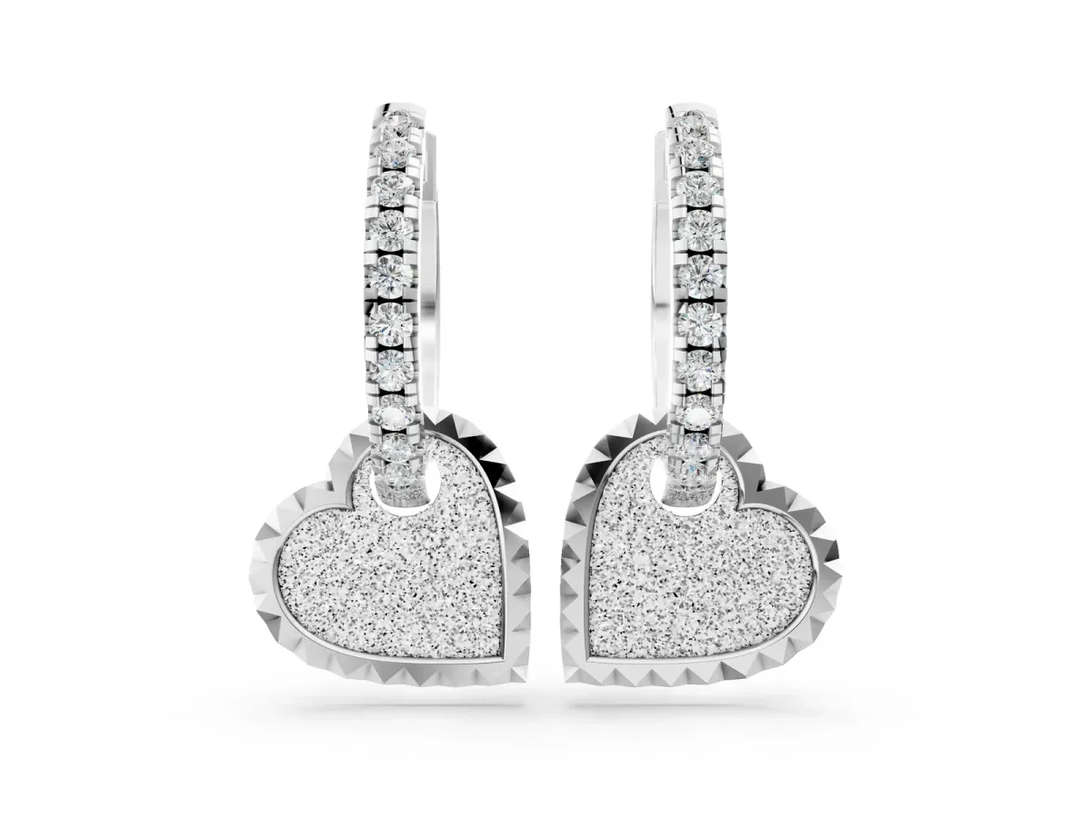 Round Diamond Heart Charm Huggie Hoop Earrings Silver