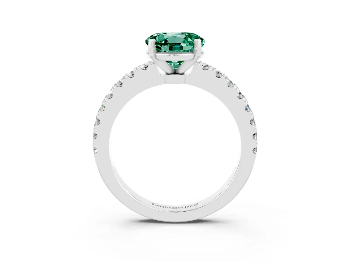 Round Cut Solitaire Green Sapphire with Pavé Band and Four-Prong Setting Silver
